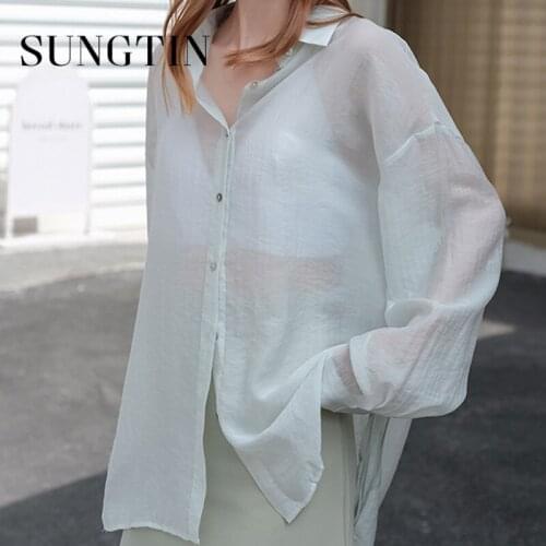 Sungtin Split Drawstring Button Up Shirts Blouses Women Thin Loose Korean Chic Long Sleeve Shirt Female Sun Protection Camisetas