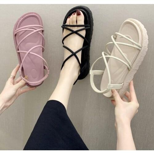 Summer Womens Sandals Fashion Small Fresh Round Head Cross Strap Slippers Solid Color Thick-Soled Beach Shoes