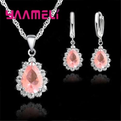 925 Sterling Silver Cubic Zircon Earring Necklace Jewelry Sets Drop Shaped Pendant Fashion Party Jewelry Women Gift