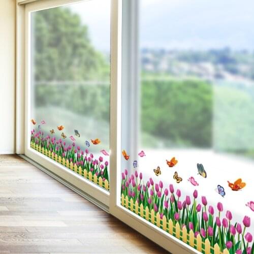 [SHIJUEHEZI] Tulips Fence Glass Sticker Vinyl DIY Flowers Wall Decals for Living Room Kitchen Nursery Window Home Decoration