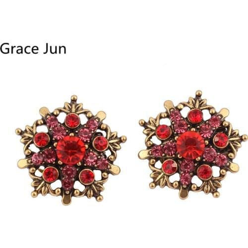 GRACE JUN Vintage Gold Color Flower Star Shape Clip on Earrings No Pierced Luxury Fashion Rhinestone Anti-allergy Earrings