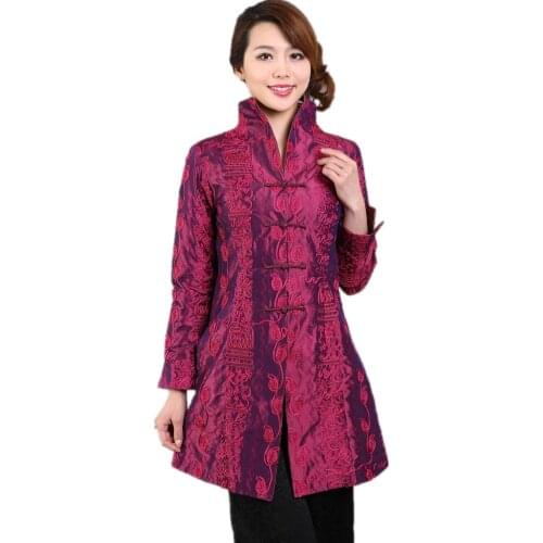 Hot pink Chinese Womens Silk Satin Embroidery Long Jacket Coat Flowers Size S M L XL XXL XXXL Free Shipping MN 0125