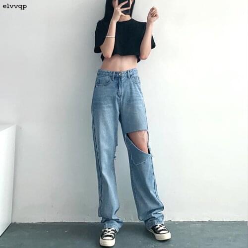 Woman Jeans High Waist Clothes Wide Leg Denim Clothing Blue Streetwear Vintage Quality 2021 Fashion Harajuku Straight Hole Pants