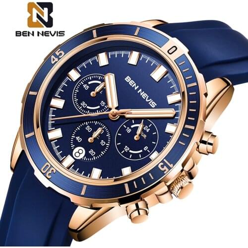 BEN NEVIS Men Watches Top Brand Luxury Blue Silicone Chronograph Sport Watch Mens Fashion Date Waterproof Clock Reloj Hombre