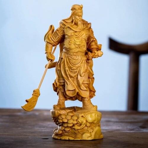 CCZHIDAO Guan Gong Guanyu 20cm Boxwood Carved Figures Solid Wood Feng Shui Crafts Home Decoration Lucky Wall Decor