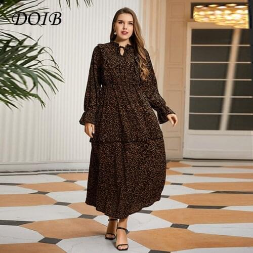 DOIB Print Plus Size Dresses Print Brown V Neck Long Sleeve Large Size Dresses 2021 Autumn Spring Women Maxi Dress 4XL