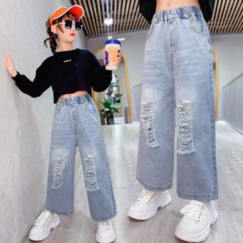 Girls Ripped Jeans For Kids New Spring Autumn Trousers Fashion Korean Style Vintage Hole Girls Wide Leg Denim Pants 4-14Year Old
