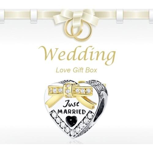 Fit Original European Charm Bracelet 100% 925 Sterling Silver Just Married Wedding Heart Shaped Beads Charms Jewelry Love Gift