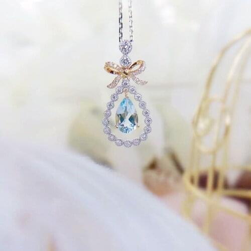 Dainty Hollow Water Drop Pendant Necklace Hanging AAA Blue Zircon New Fashion Charm Bowknot Jewelry For Women Wedding Engagement