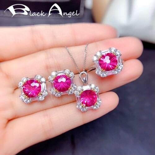 BLACK ANGEL New Luxury Pink Topaz Silver Jewelry Set CZ Stud Earrings Fireworks Cut Gemstone Necklace Resizable Ring for Women