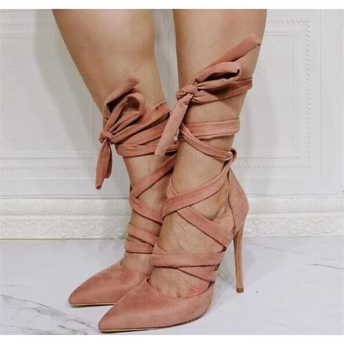 Linamong Ladies Fashion Light Pink Suede Cross Lace Up Pointed Toe Pumps Woman Stiletto Heels Shallow Cuts Out Party Shoes