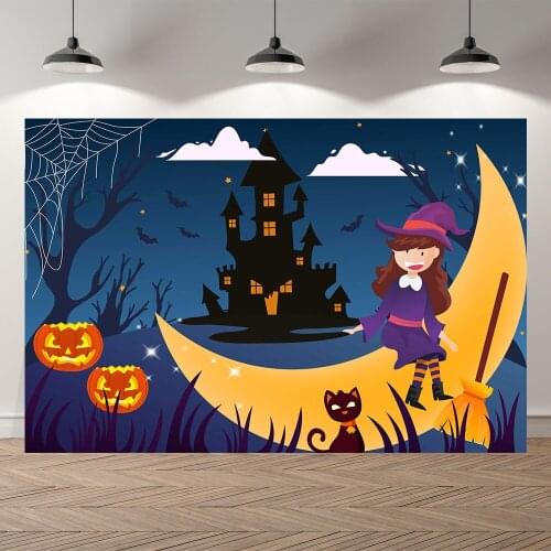 Seekpro Happy Halloween Birthday Witch Pumpkin Zombie Castle Witch Photo BackdropPhotography Background Bat Moon Light Night