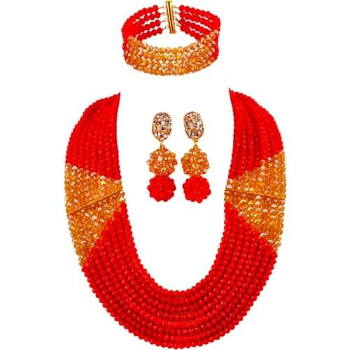 Opaque Red Champagne Gold AB African Beads Jewelry Set Crystal Beaded Nigerian Wedding Necklace Sets 8LBJZ06