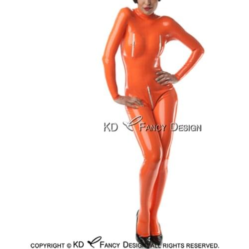 Orange Sexy Latex Catsuit With Breast Neck And Crotch Zipper Rubber Body Suit Catsuit Bodysuit Zentai Overall LTY-0026