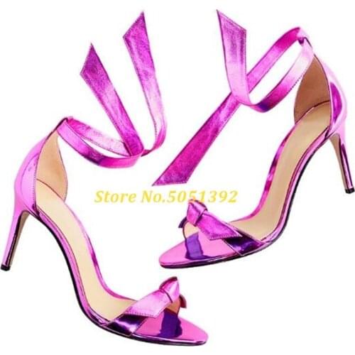 Manufacturer 2020 Newest Sandals Butterfly Knot Patent Leather One Strap Open Toe Cut Out Thin High Heel Shoes Tie Up Sandals
