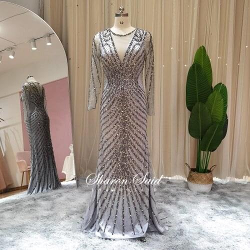 Luxury Gray Mermaid Arabic Evening Dresses Long Sleeve Dubai Burgundy Muslim Formal Dress Plus Size Women Wedding Party Gowns