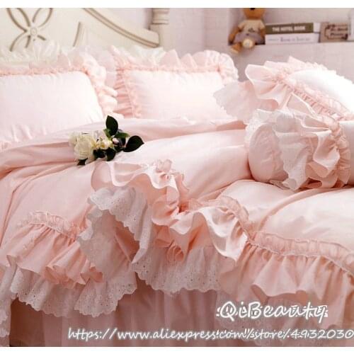 Korean style lotus leaf lace lace pure cotton cotton bed skirt pure color princess style comfortable four-piece bedding