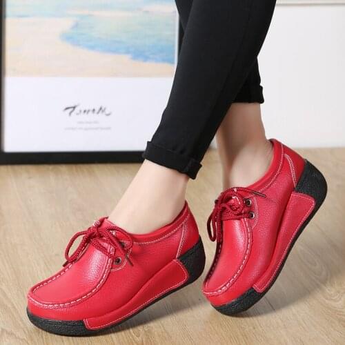 Genuine Leather Women Platform Sneakers Lace Up Flats Black White Swing Shoes Shallow Ladies Casual Footwear Height Increasing