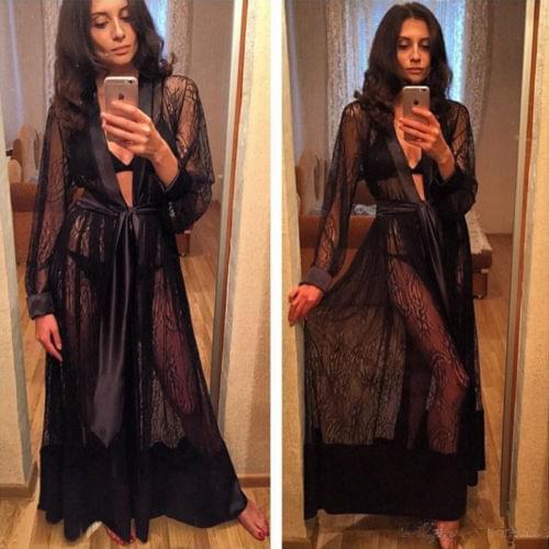 Women Sexy Silk Long Bath Robe Kimono Babydoll Maxi Dress Nightgown Lace Up See Through Lingerie Nightdress