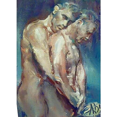 100%Handmade Oil Painting Hand Original art,gay art interest,sexy body men in love, beauty boys kiss embrace
