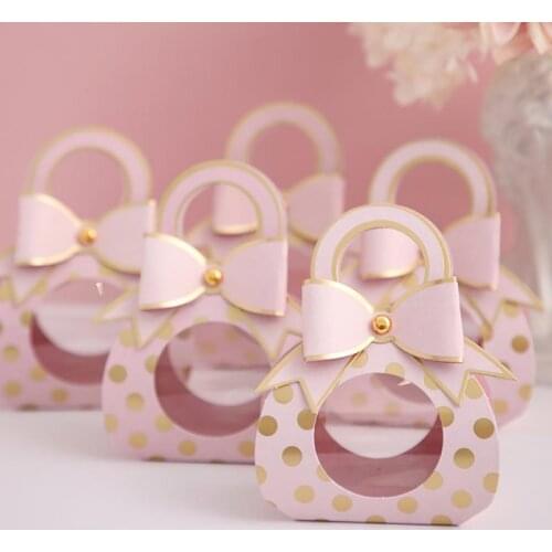 24pcs Blue Pink Wedding Favors Gift Boxes Clear Window Candy Packaging Box Kraft Paper Dragees Box With HandleGift Decor