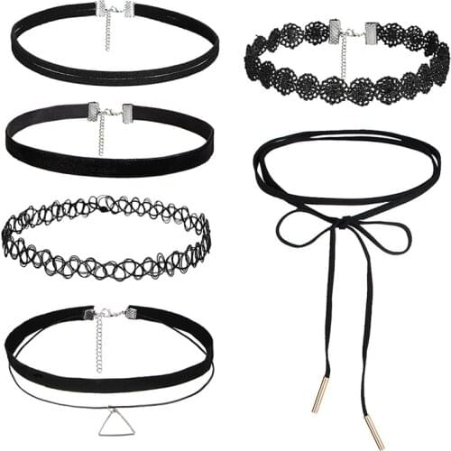 6Pcs/set Gothic Tattoo Black Lace Leather Velvet Collier 90S Punk Style Choker Necklaces Women Collar Femme Chocker Jewellery