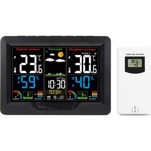 Wireless Weather Forecast Station Clock RF Clock with Transmitter Digital Temperature and Humidity Table Clock with Alarm Snooze