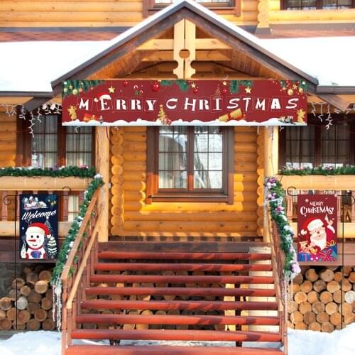 Behogar Large Merry Christmas Banner Garland with 2pcs Garden Flags for Xmas Outdoor House Garden Party Decorations Supplies