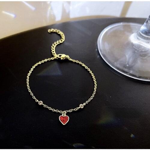 ALLNEWME Temperament Red Shinning Rhinestone Love Heart Pendant Charm Bracelets for Women Ladies Gold Colour Chain Bracelets