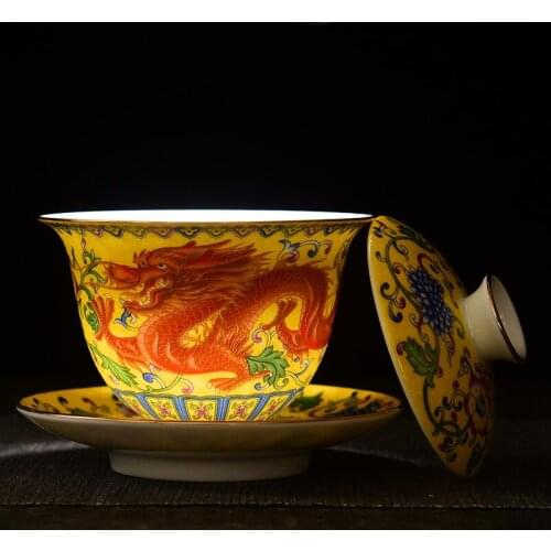 Enamel Sancai Covered Bowl Teacup Large Wrapped Lotus Ceramic Tea Set Retro Dragon And Phoenix Chinese Kung Fu Tureen