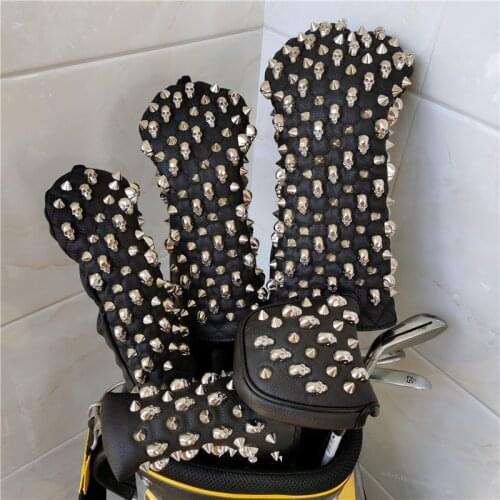 WHITE SKULL NAILS golf driver headcover BLACK PU leather golf club fw ut woods putter cover for man women