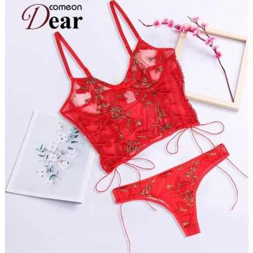 Comeondear 5XL Brief Sets Butterfly Pattern Transparent Bra 2 Piece Set Women Push Up Embroidery Bralettes and Thongs RB81023