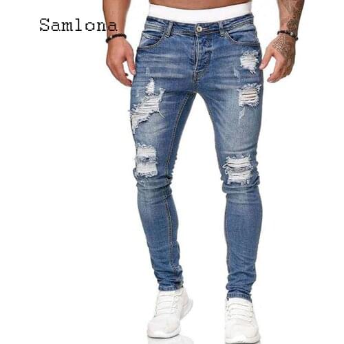 Samlona Hole Ripped Jeans Denim Pants Mens Fashion 2020 Autumn Pencil Pant Streetwear Male Skinny Denim Jeans Hip Hop Trousers