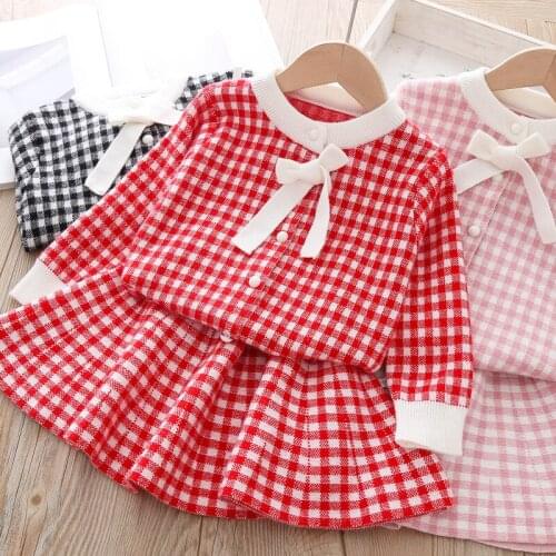 Thunderers Kids Clothing Set For Girls Spring Autumn Knitting Plaid Cardigan With Short Skirt Children 2pcs Outfits Baby Clothes