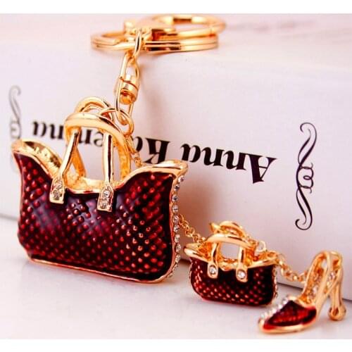 Creative cute lady handbag shape key ring artificial rhinestone three-piece shape key chain metal pendant craft gift 5 colors