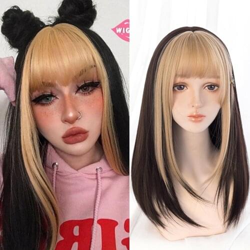 LANLAN Black Long Straight Wig Gold Double Bangs Dyed Wig Synthetic Heat Resistant Wig For Women