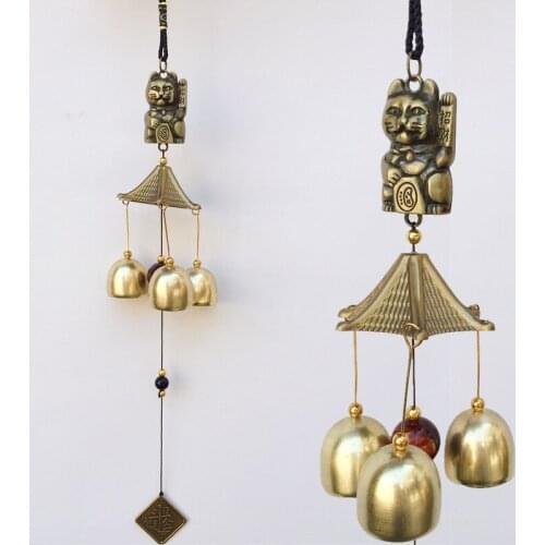 Metal Copper Wind Chimes with Bells Door Decoration Pendants Lucky Cat Ornaments Crafts Home Window Shop Door Bell Decorations