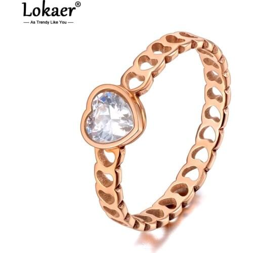 Lokaer Trendy Titanium Stainless Steel CZ Crystal Love Heart Party Ring Rose Gold Wedding Rings Jewelry For Women Girls R20064