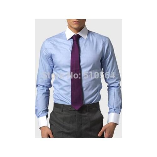 Custom made men 100%Cotton shirt Business casual men slim shirt white collar light blue shirt