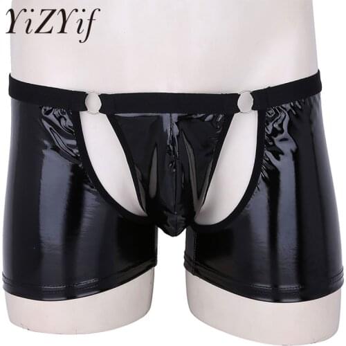 YiZYiF Mens underwear boxer Sexy Lingerie Wetlook Bulge Pouch Low Rise Gay Boxer Shorts Underwear Faux Leather Cut Out boxer