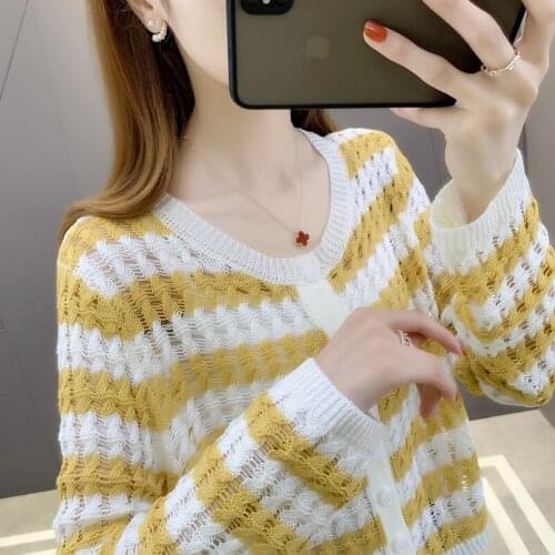 Room 201305, 4 in row 4 】 will spell color stripe hollow out long sleeve knitted cardigan 37