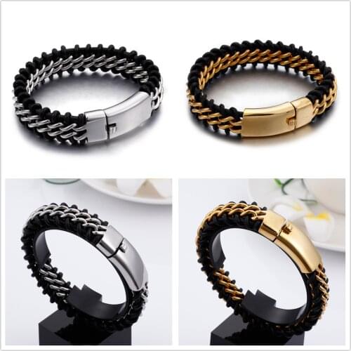 New Bracelet Chain Stainless Steel Silver Color/Gold Black Leather Rope Oval Link Chain Mens Bracelet Bangle 8.66inch 18mm Wide