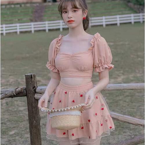 2021 New Lantern Sleeve, Low Cut, Open Back Design, High Waist Pleated Short Skirt, Love Printed Holiday Hot Spring Swimsuit