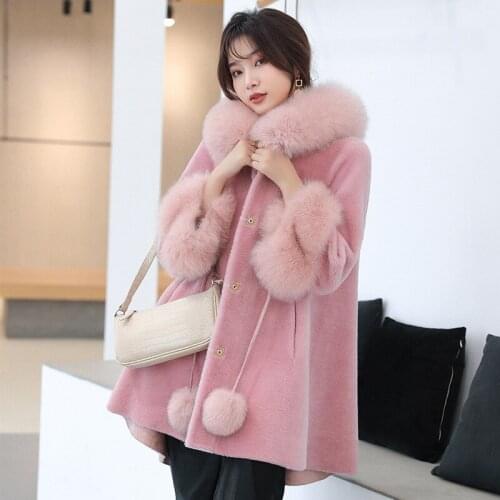 New Grain Sheep Shearing Coat Womens Middle Long Fox Hair Hooded Wool Fur Jacket Winter A-Line Thick Warm Cute Pink Outwear