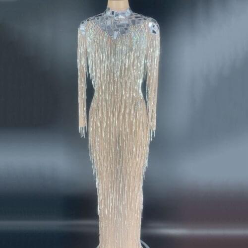 Silver Rhinestone Fringes Dress Lady Prom Evening Outfit Bar Singer See Through Mesh Dress Shining Mirror Birthday Party Dresses