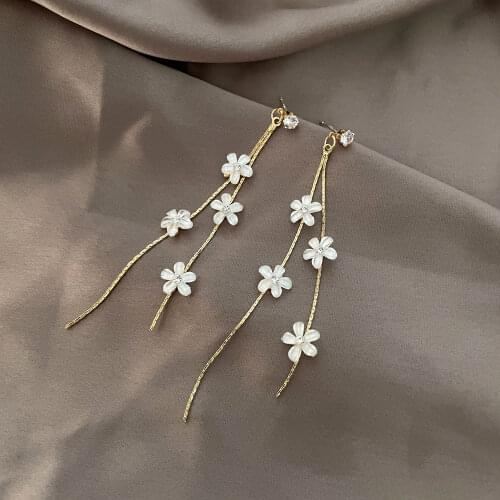 White Tiny Flower Crystal Zircon Long Double Tassel Earrings For Women Resin Leaf Butterfly Daisy Pearl Dangle Earring Jewelry