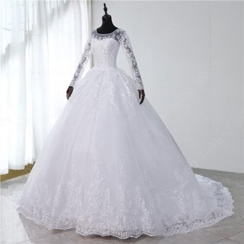 2021 White Ivory Champagne Sweetheart Vestido De Noiva Wedding Dress Full Sleeve Long Train Custom Plus Size Bride Tulle Mariage