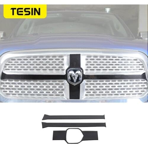 TESIN Carbon Fiber Car Grille Cross-shaped Decoration Panel Cover Stickers For Dodge RAM 1500 2010-2015 Car Exterior Accessories