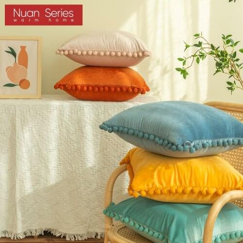 Green Blue Grey Pink Solid Velvet Decorative Pillows Case Soft Velvet Cushion Cover With Pompom Ball Sofa Pillow Cover 45x45cm