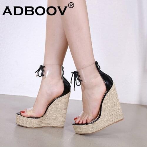 ADBOOV Fashion PVC Sandals Women Transparent Lace-Up Butterfly-Knot Wedges 15cm High Heels Black Party Daily Pumps Shoes Concise